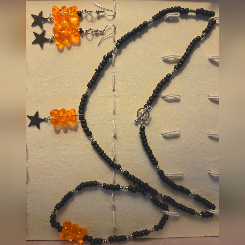 3Pc Orange and Black Gummy Bear Jewelry Set